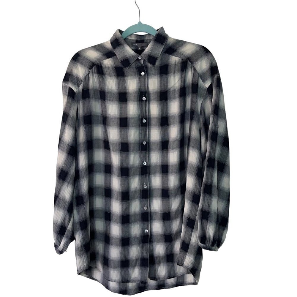 Vince Womens Shirt Size Medium Black Plaid Button Down Pure Cotton Tab Sleeve